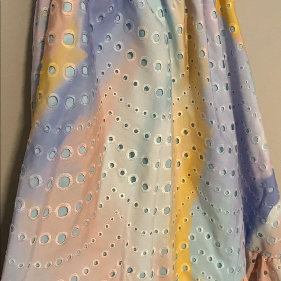 Monique Lhuillier Pastel Watercolor Cutout Midi Dress - Yellow, Lavender, Blue - Picture 3 of 6